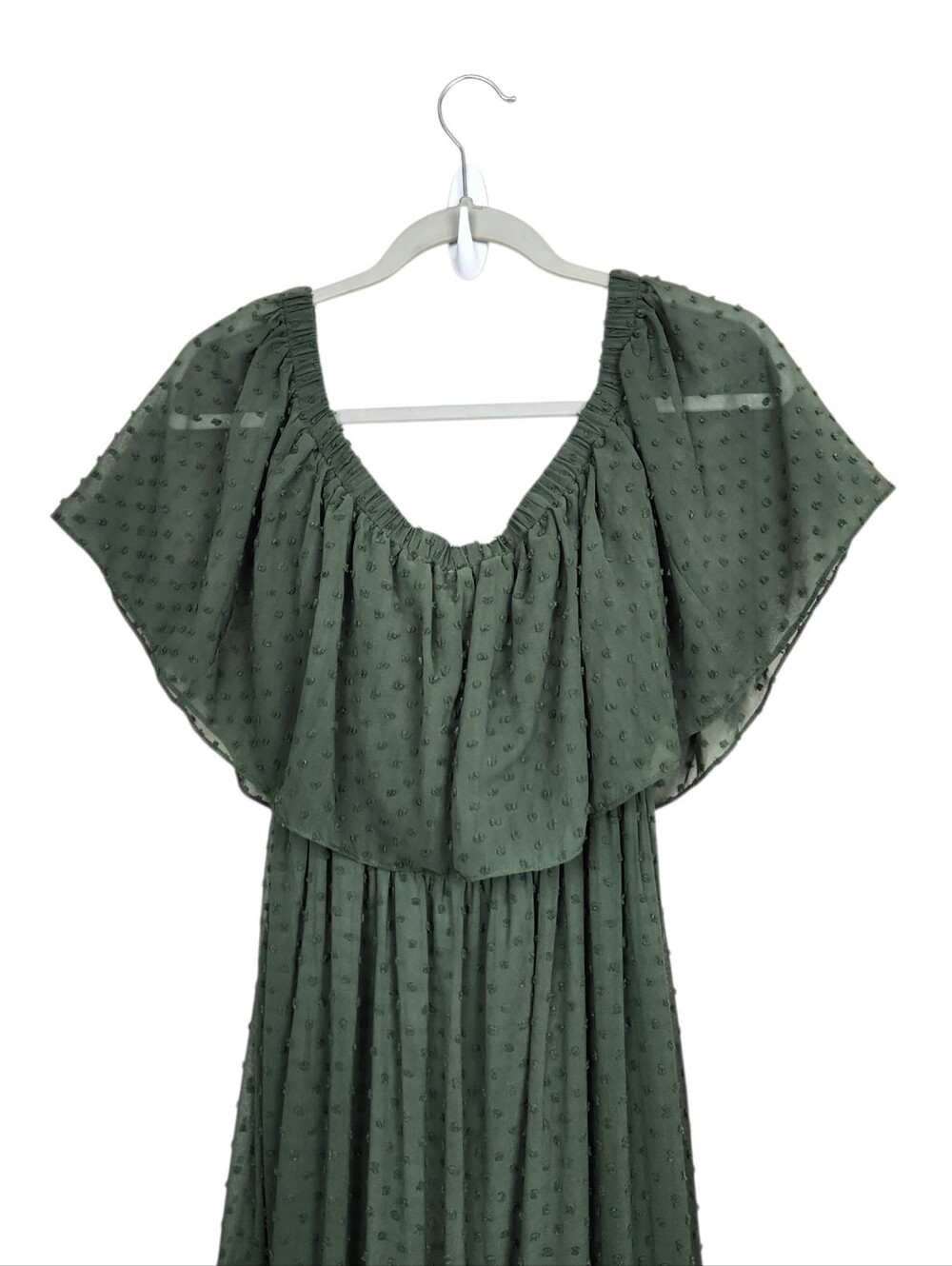 Baltic Born Olive Green Swiss Dot Off The Shoulder Tier Maxi Dress Womens Size S - Picture 7 of 12